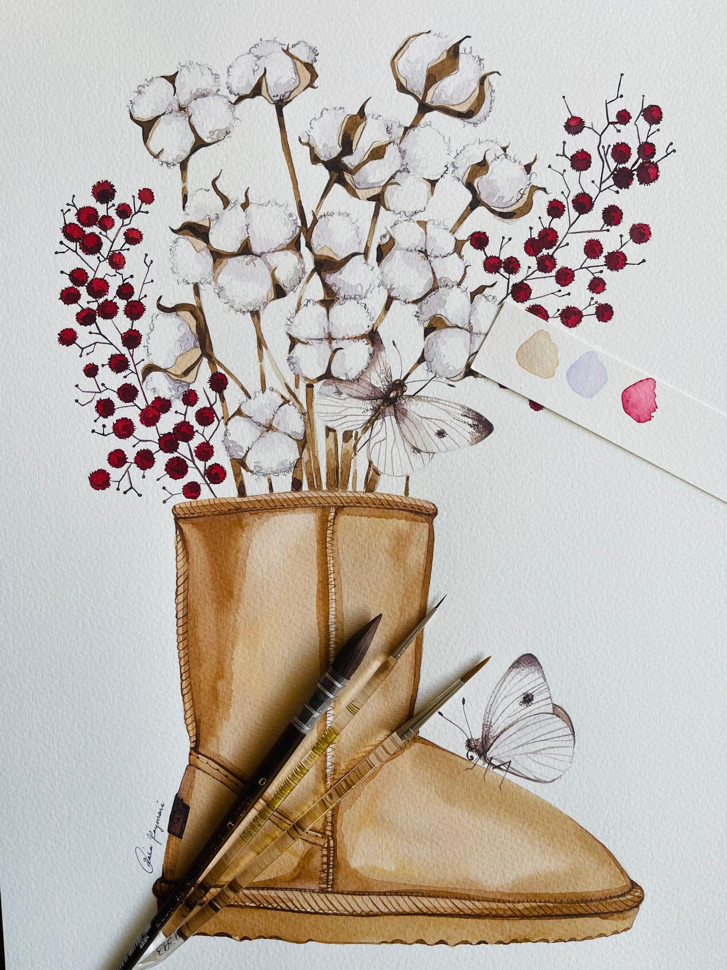 UGG boot & cotton watercolour illustration