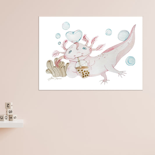 Axolotl & bubble tea watercolour print