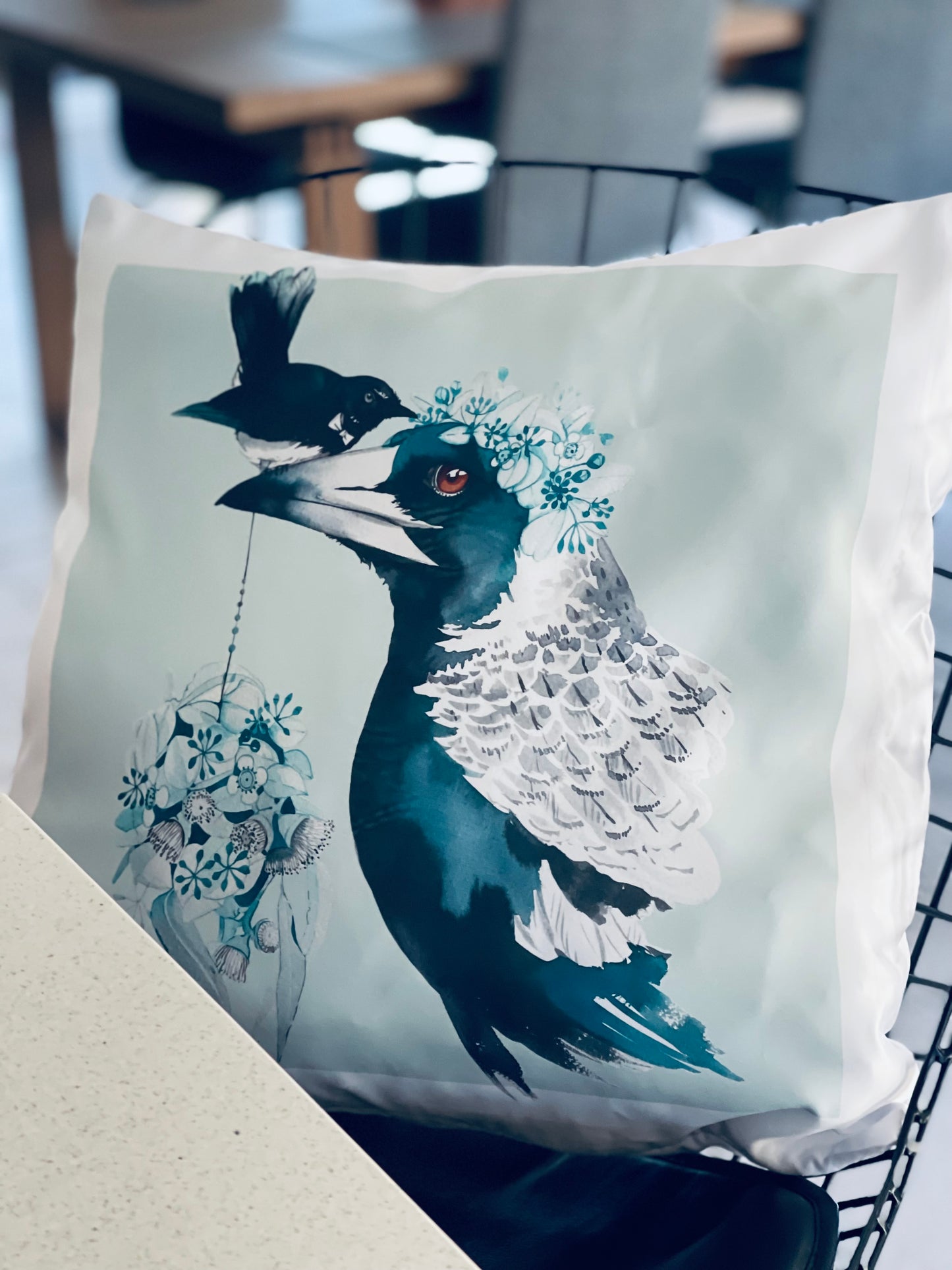 Magpie and willy wagtail cushion cover