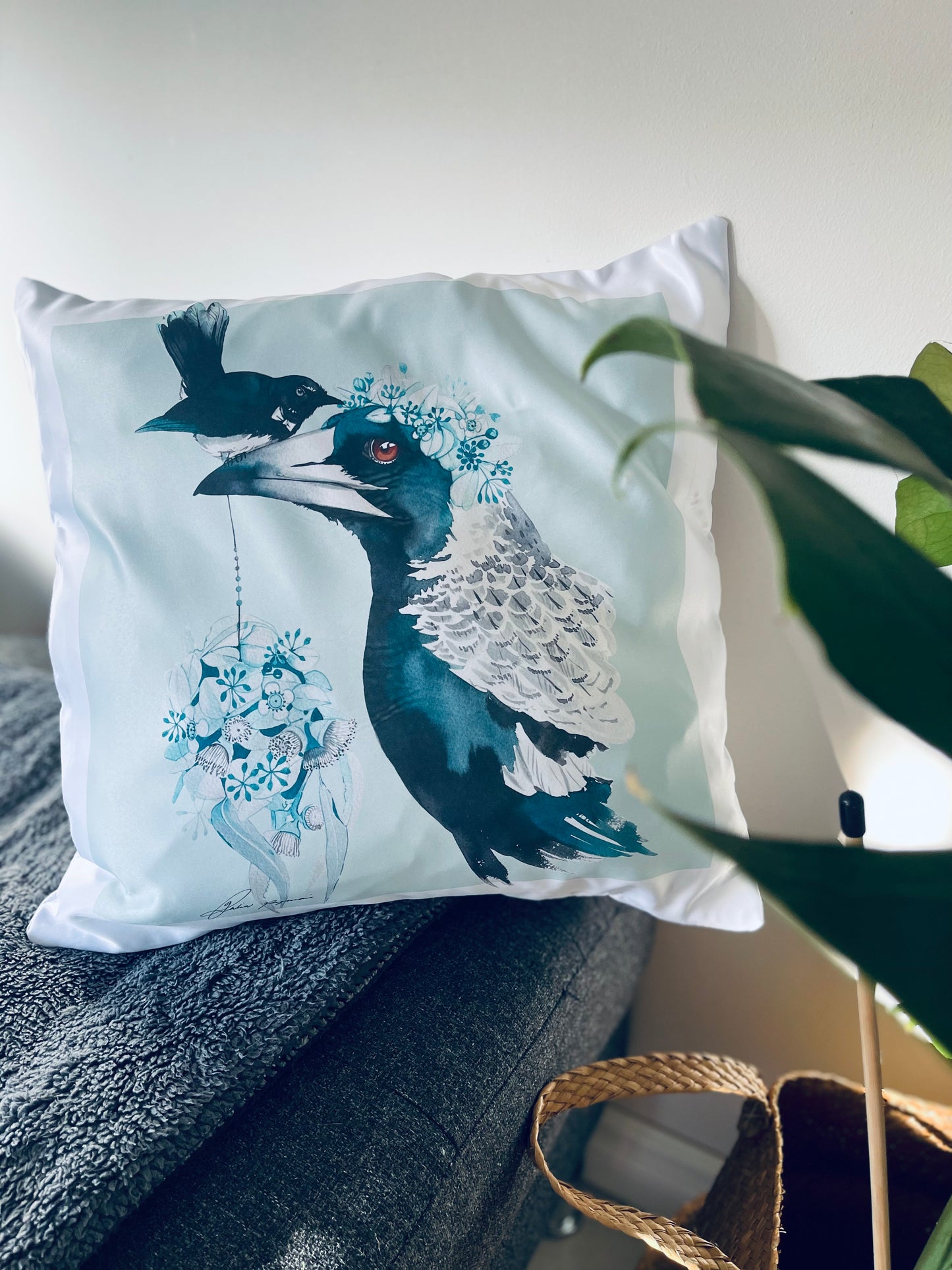 Magpie and willy wagtail cushion cover