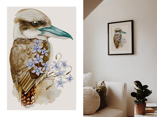 Kookaburra and blue bells watercolour print