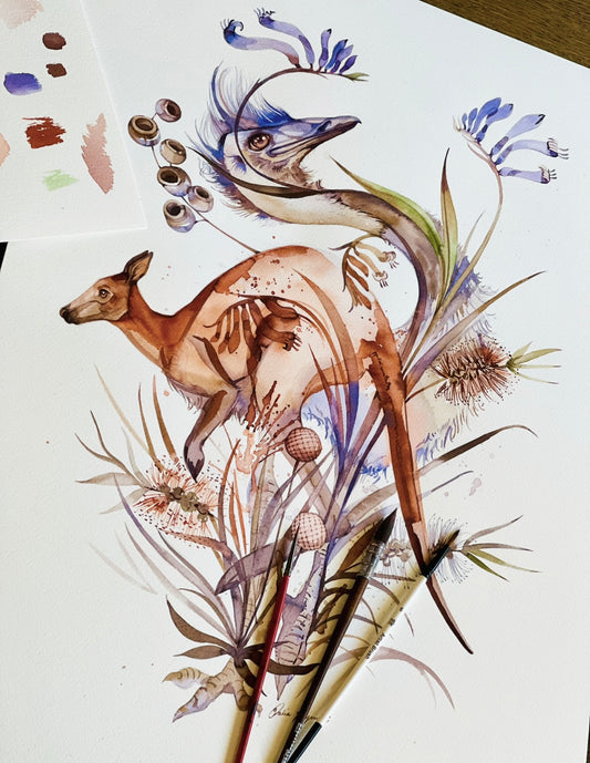 Emu & kangaroo illustration print