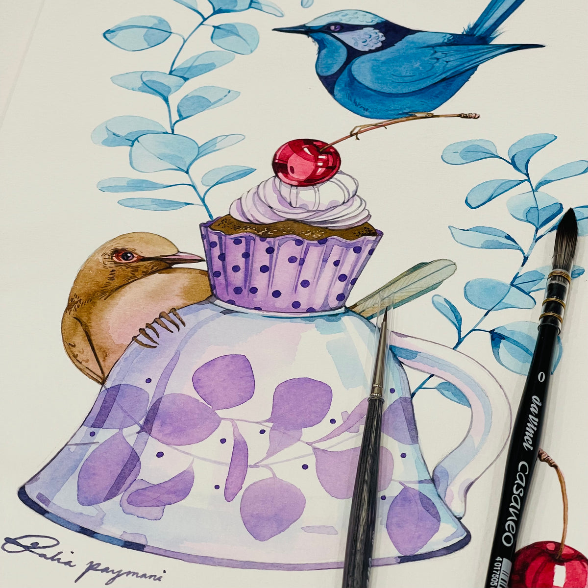 Blue wrens are waiting watercolour illustration