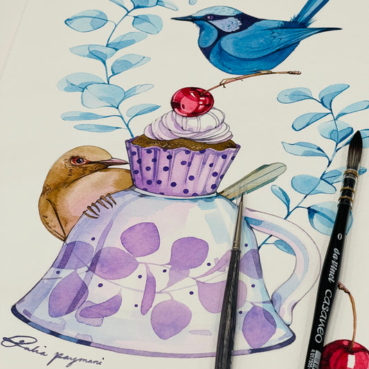 Blue wrens are waiting watercolour illustration