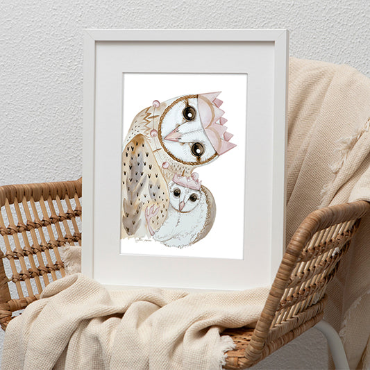 Barn owl mama watercolour illustration print