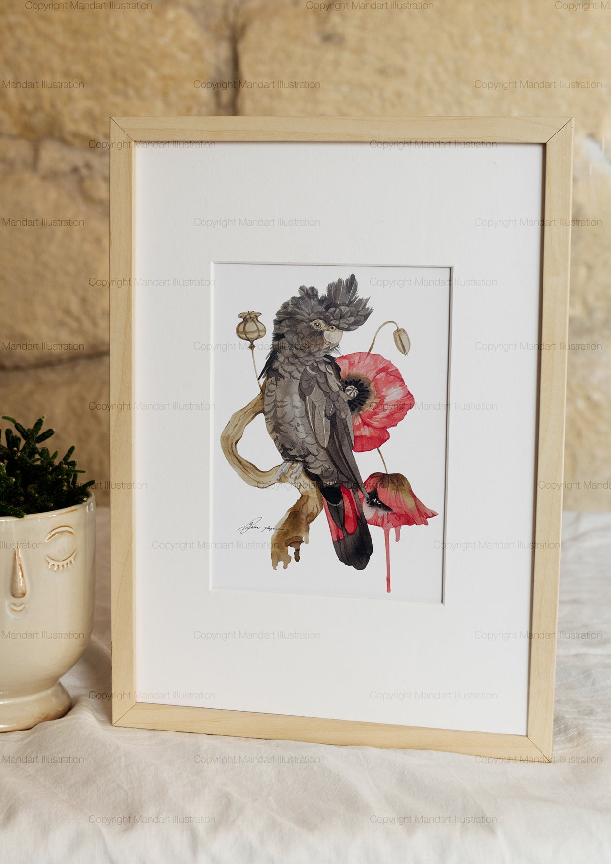 Black feathers and red petals original watercolour illustration