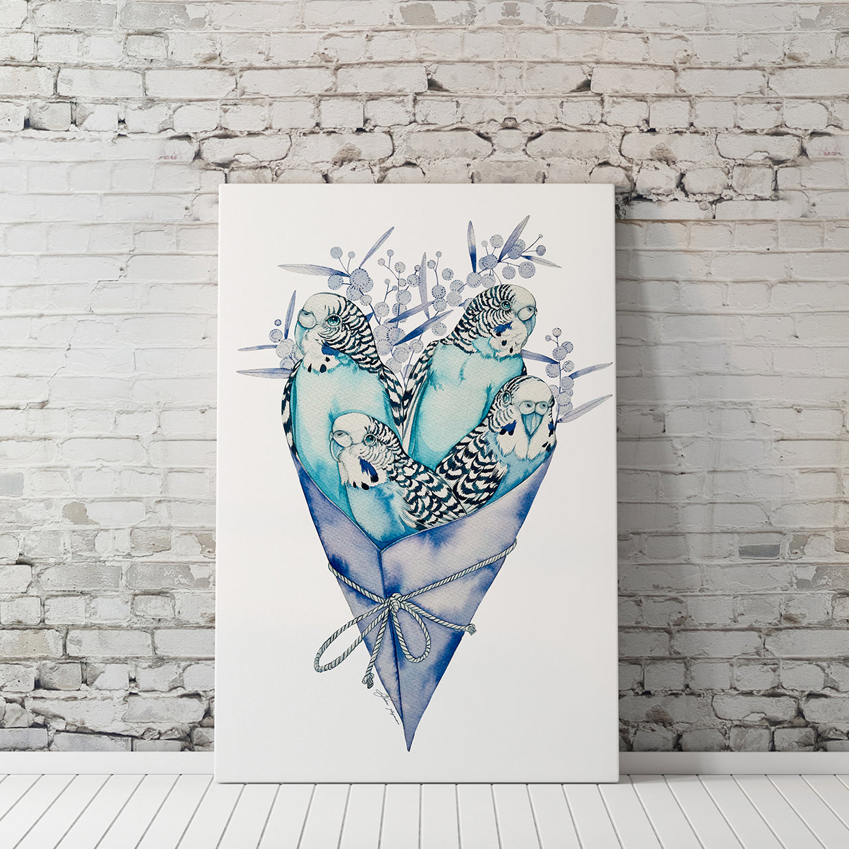 Bunch of budgies watercolour illustration print