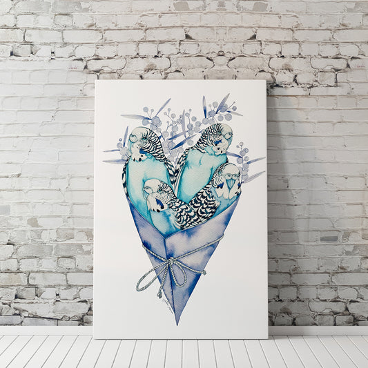 Bunch of budgies watercolour illustration print