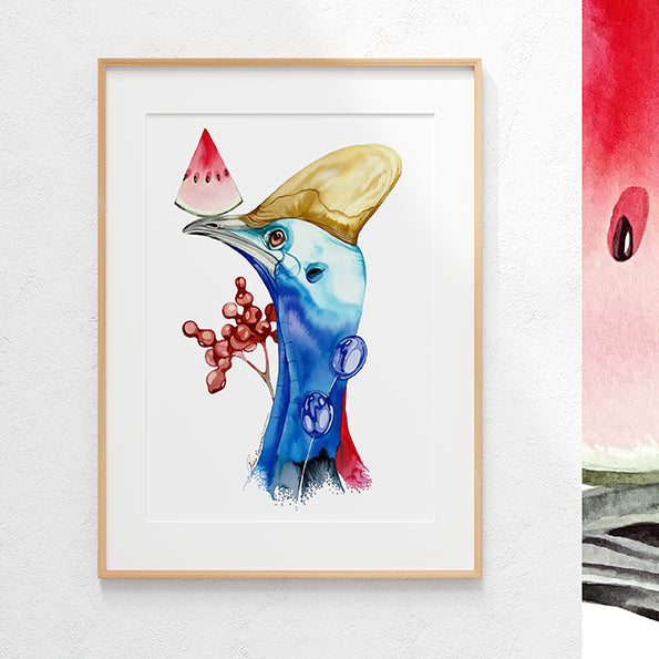 Cassowary & watermelon watercolour print