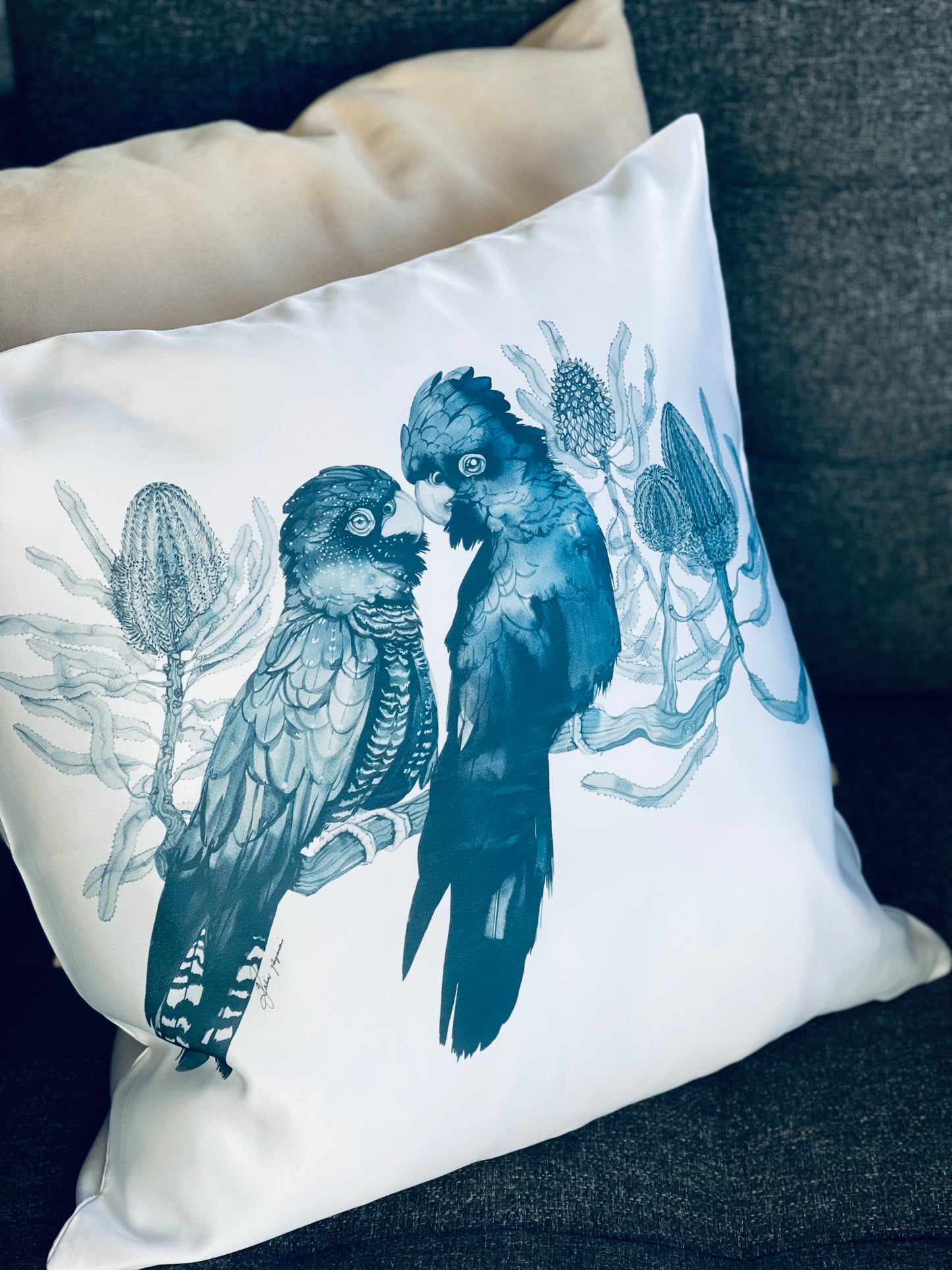 Black cockatoos cushion cover