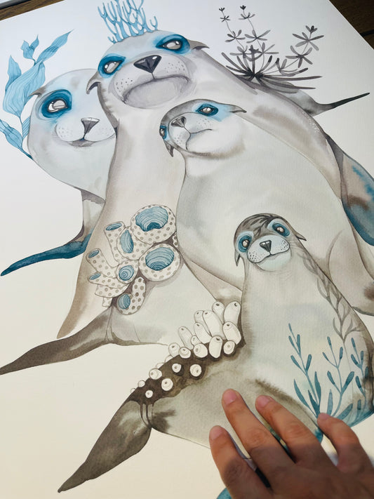 Seal family original ink illustration