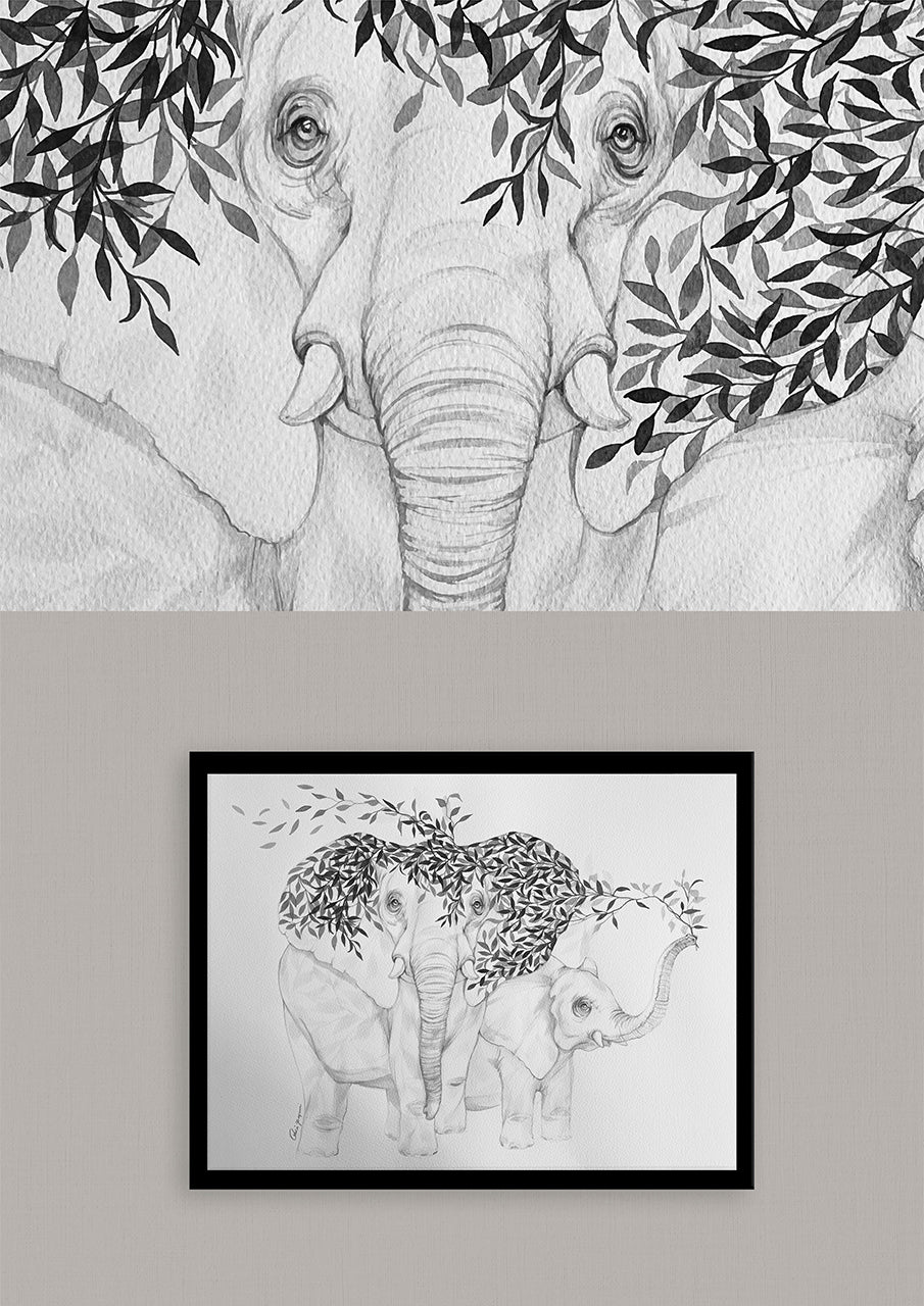 Elephant & Calf original pencil & ink illustration