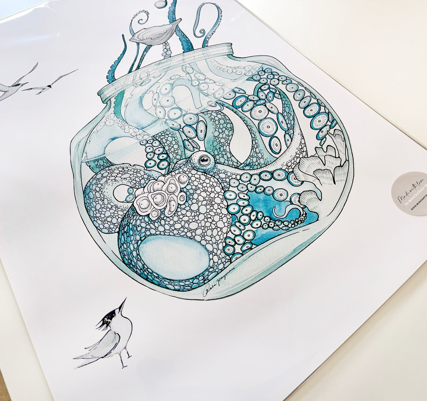 Pearl the octopus watercolour and graphic pen print