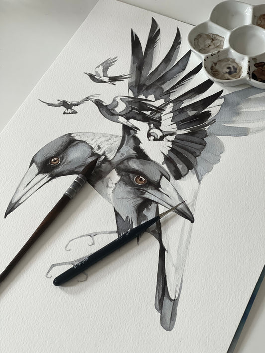 Magpies watercolour print