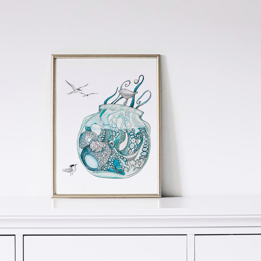 Pearl the octopus watercolour and graphic pen print