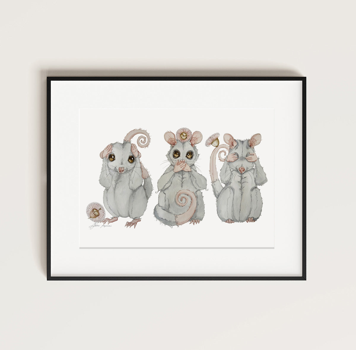 Three wise possum watercolour print