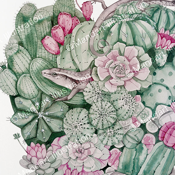 Valentine cactus and lizards watercolour print
