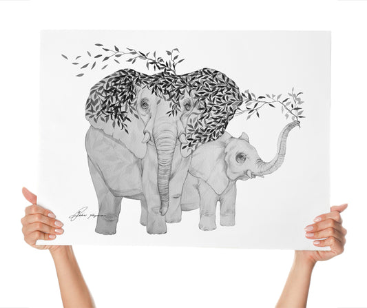 Elephant and calf watercolour print
