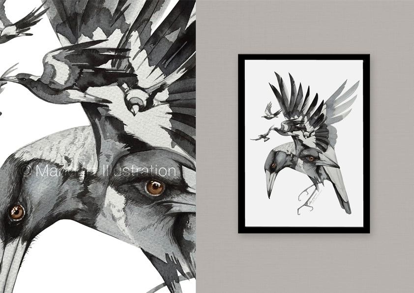 Magpies watercolour print