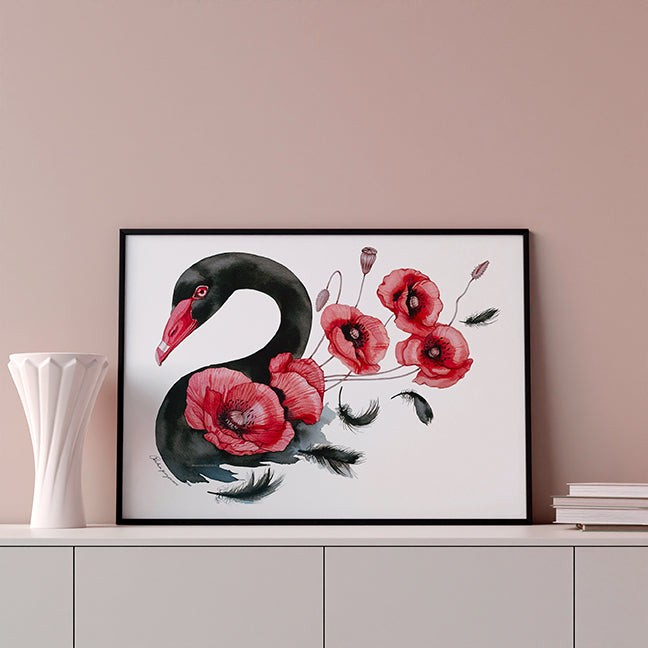 Black swan and poppies watercolour print