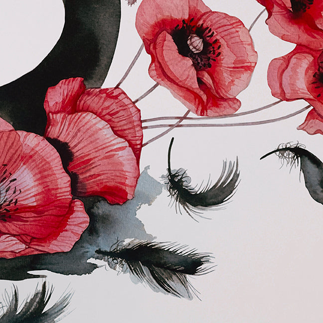 Black swan and poppies watercolour print