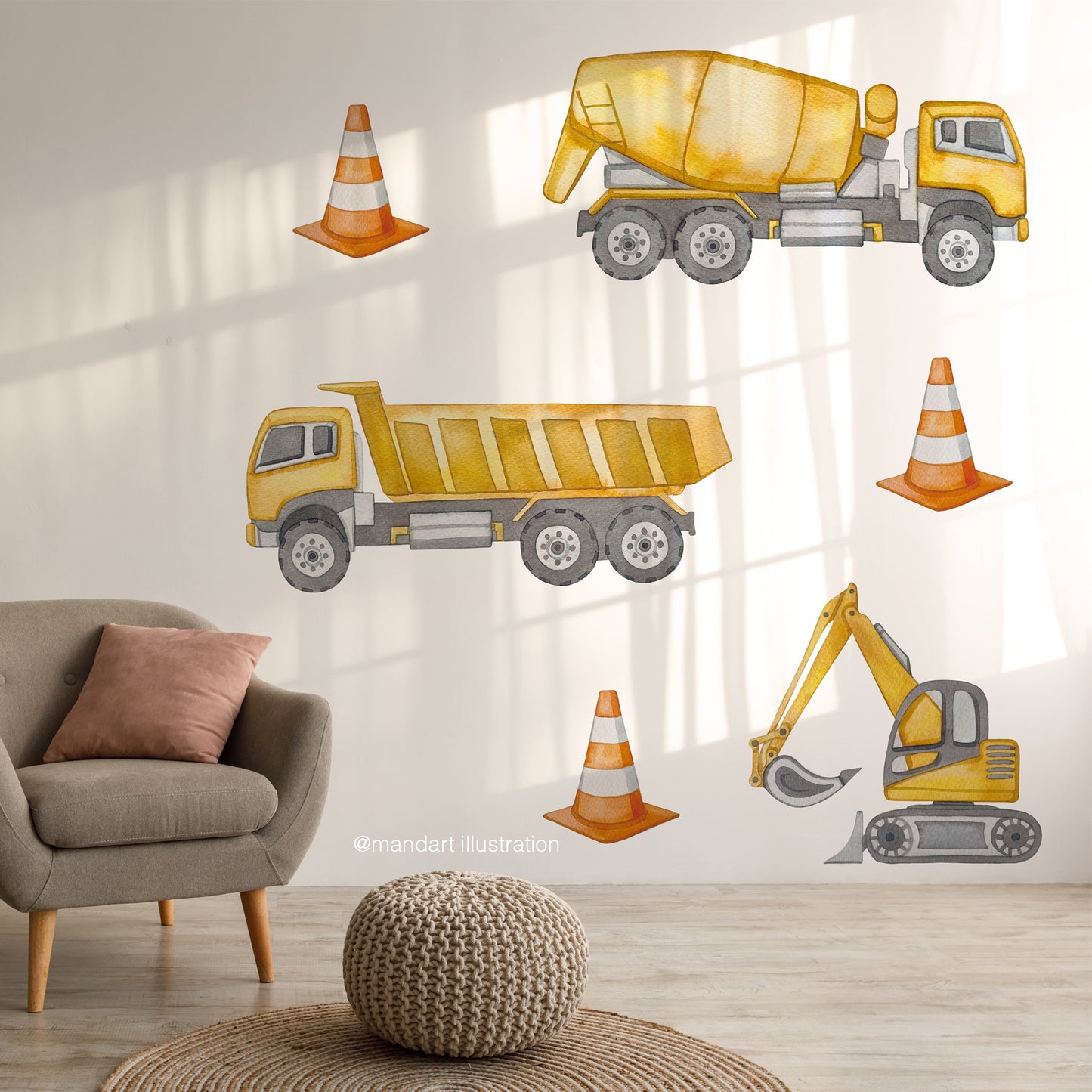 Construction trucks removable and reusable wall decal
