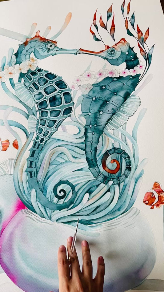 An ocean kiss original watercolour illustration