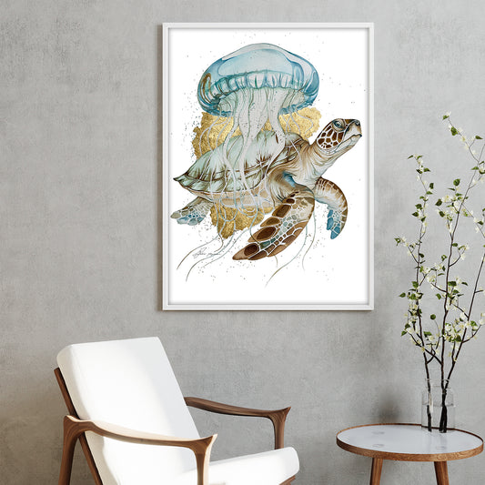 Sea turtle and jellyfish watercolour illustration