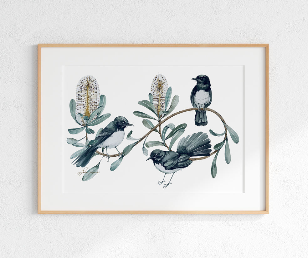 Willy wagtails watercolour print