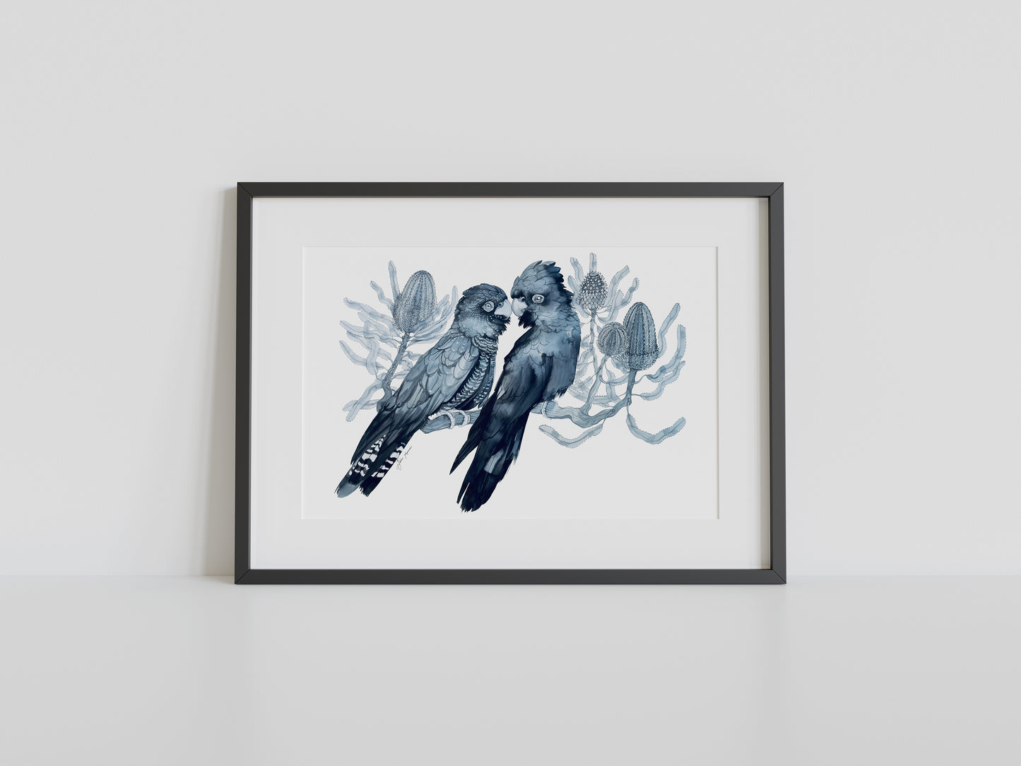 Black cockatoo & banksias watercolour print