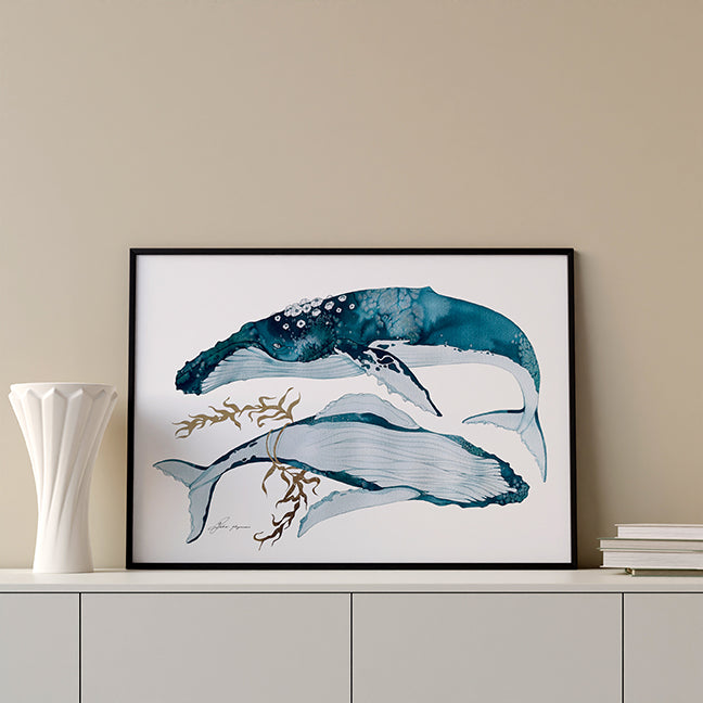 Dancing whales watercolour print