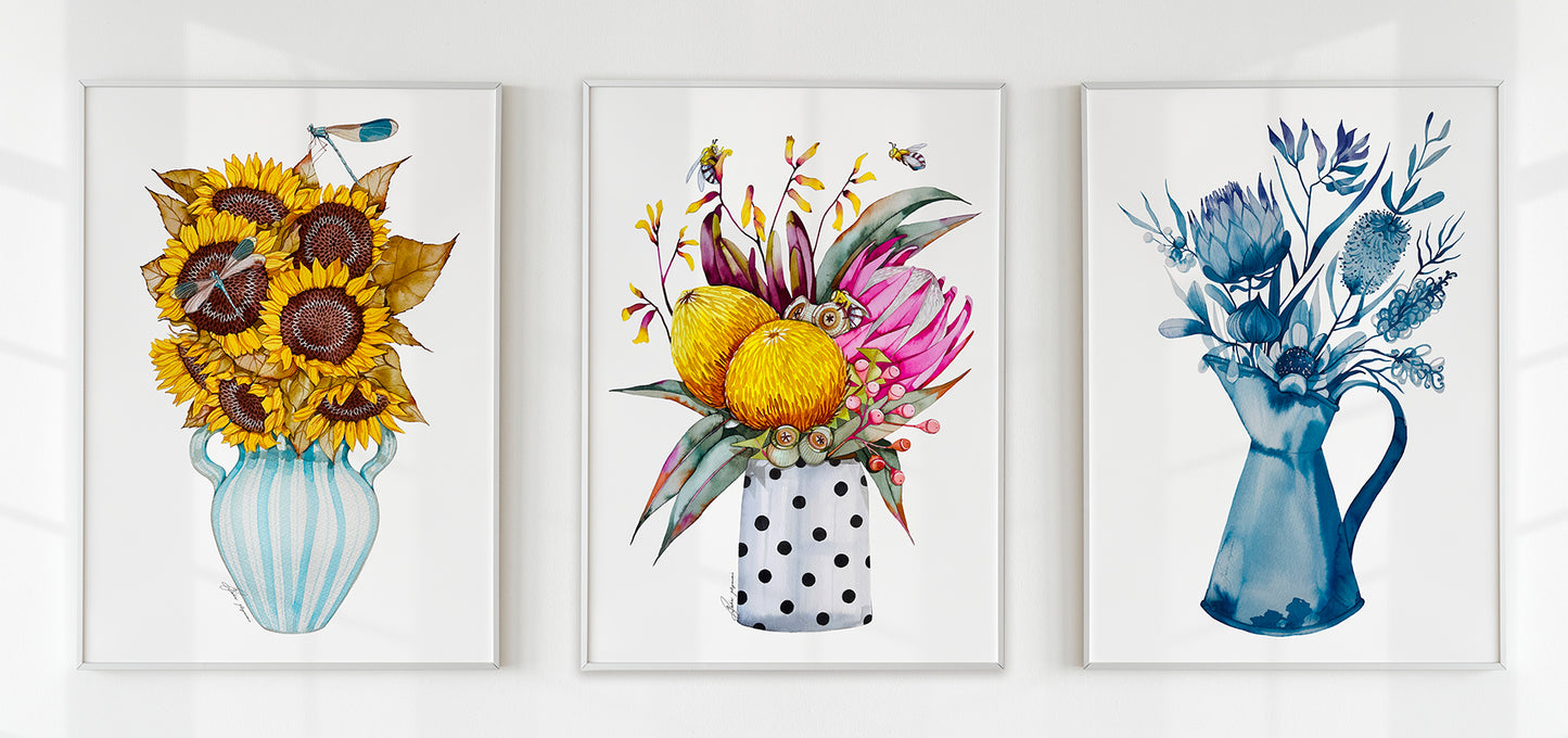 Set of three watercolour flowers prints