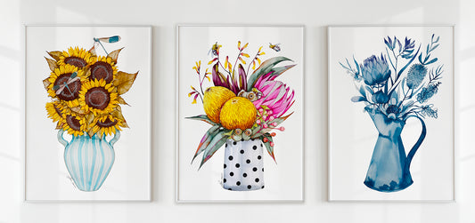 Set of three watercolour flowers prints