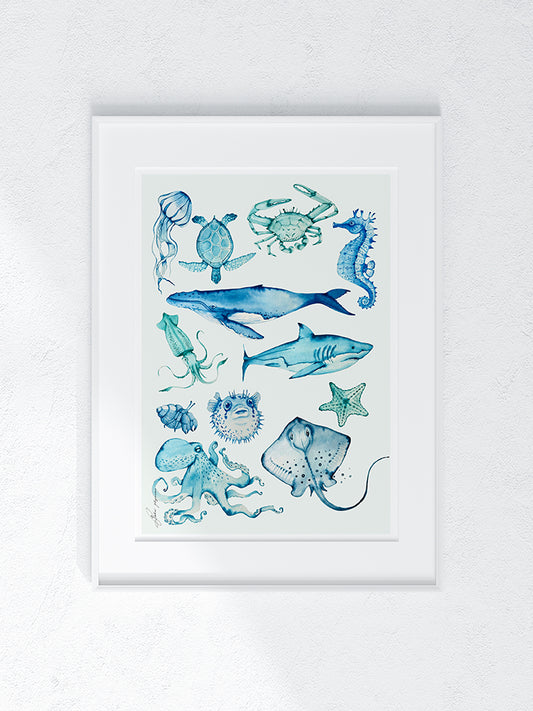 Ocean creatures watercolour print