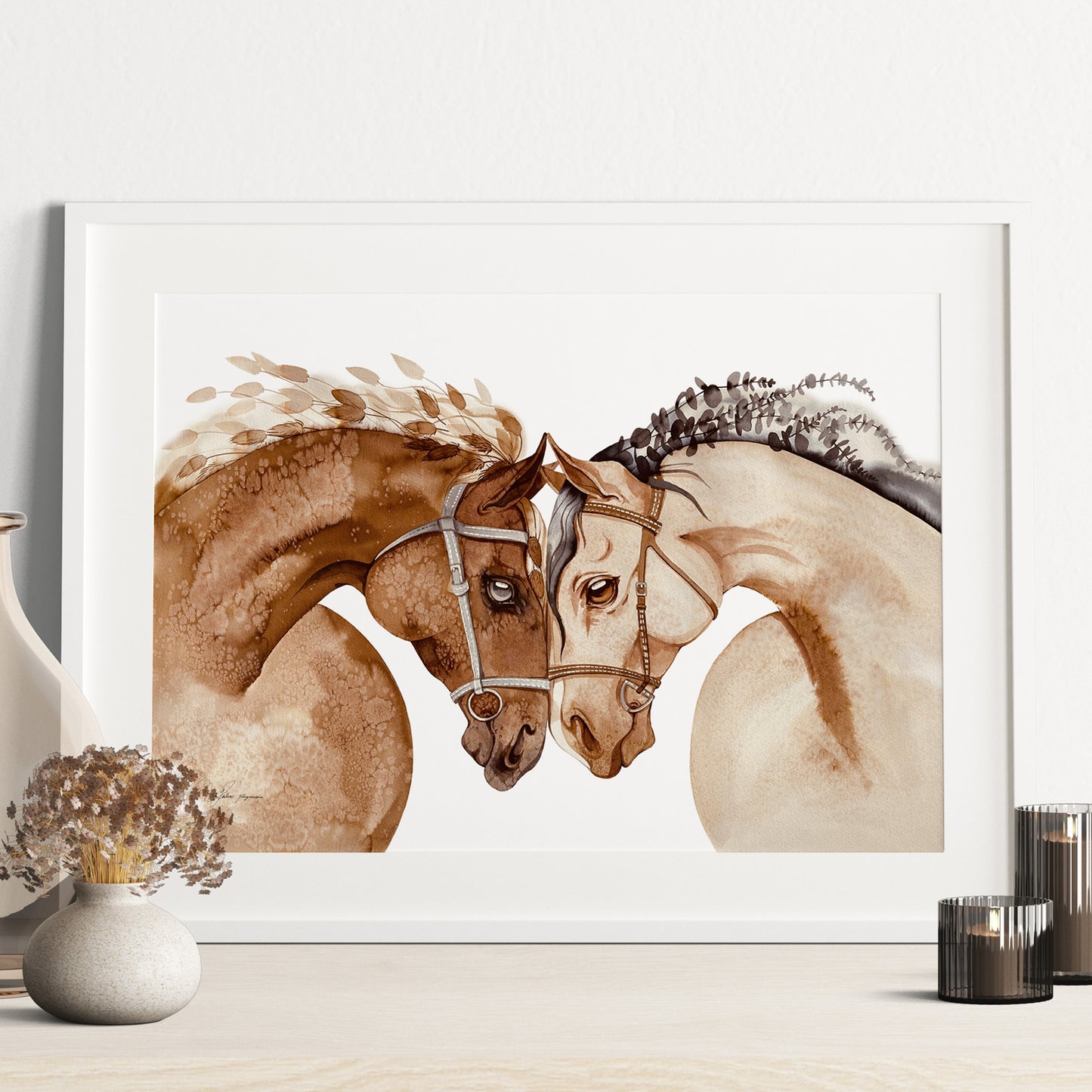 Mother and daughter horses bond watercolour print