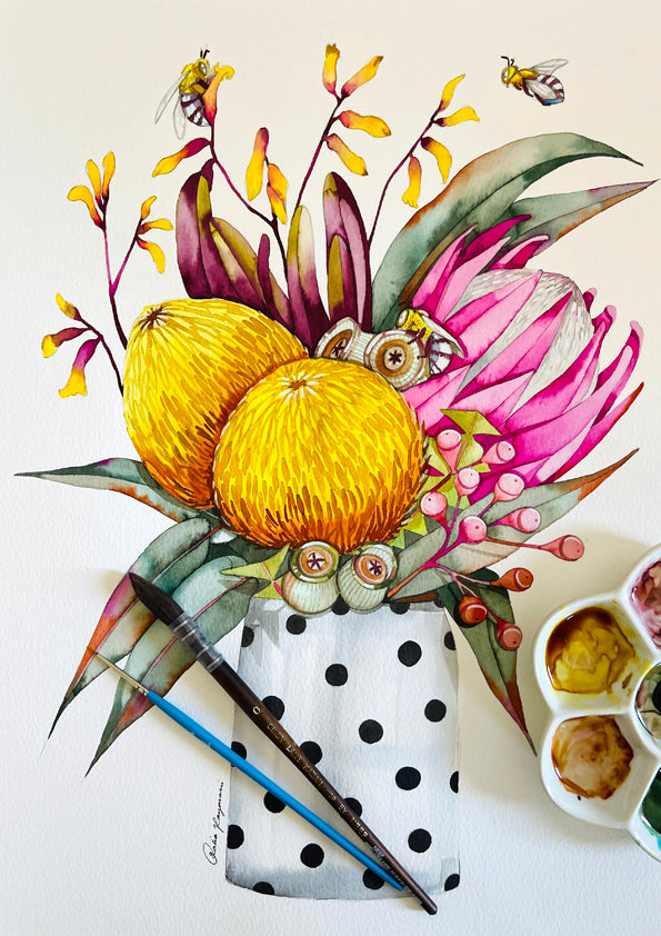Aussie flowers and native bees watercolour