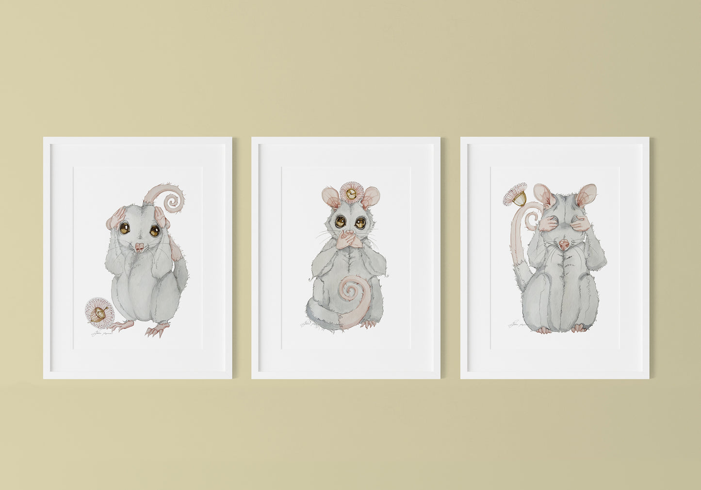 Three wise possum watercolour print